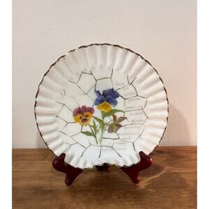 Antique Hand Painted Porcelain Scalloped Pansy Decorative Plate Victorian Motto